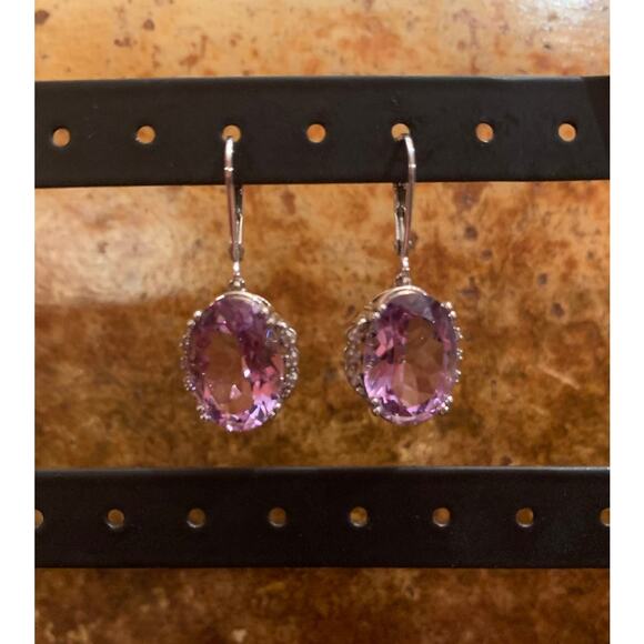 Sterling Silver, Diamond and Amethyst Dangle Earrings - Picture 1 of 6